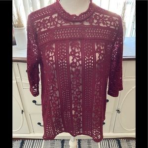 LOFT Wine Lace Belle Sleeves Blouse Medium